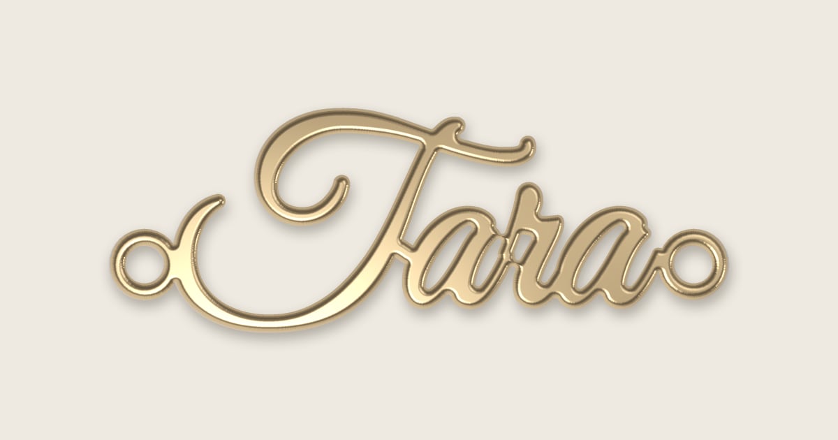Tara name necklace in 14k yellow gold, classic script lettering