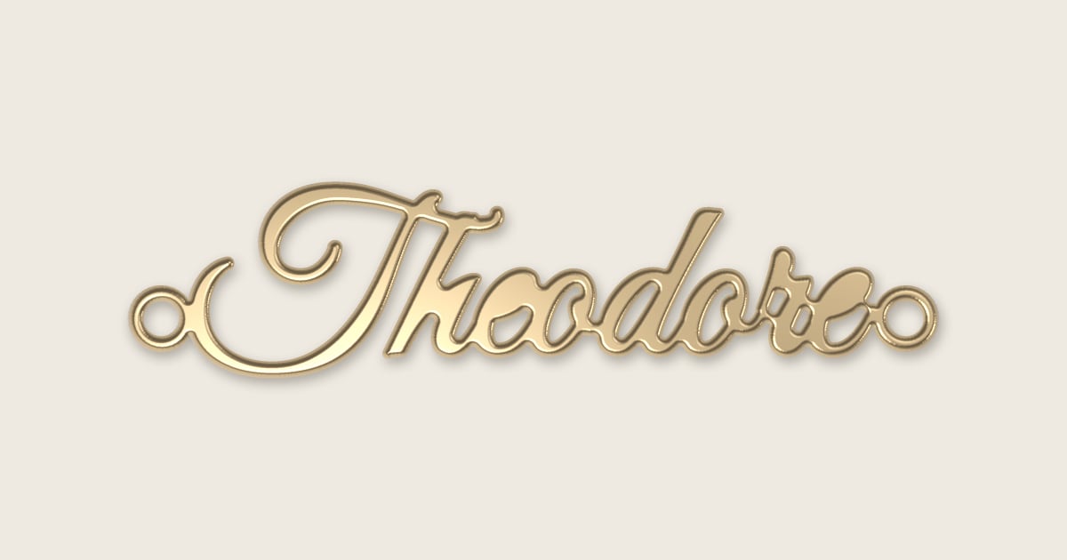 Theodore name necklace in 14k yellow gold, classic script lettering
