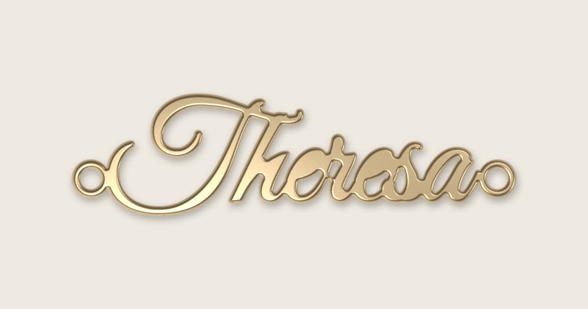 Theresa name necklace in 14k yellow gold, classic script lettering