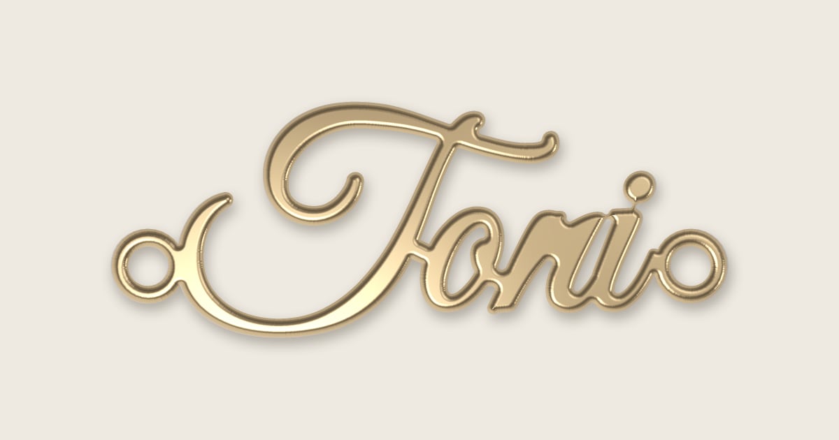 Toni name necklace in 14k yellow gold, classic script lettering
