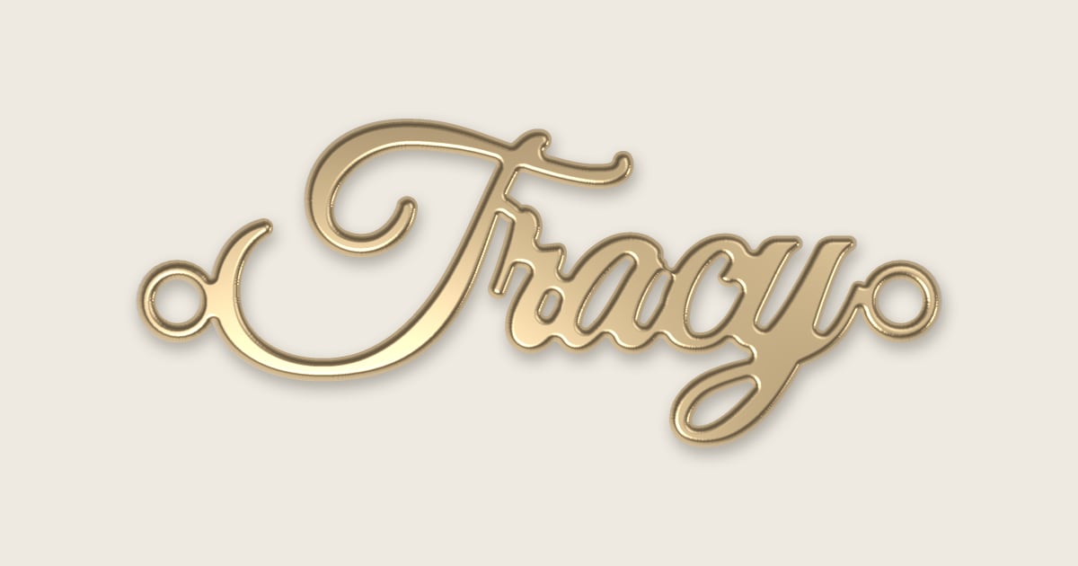 Tracy name necklace in 14k yellow gold, classic script lettering