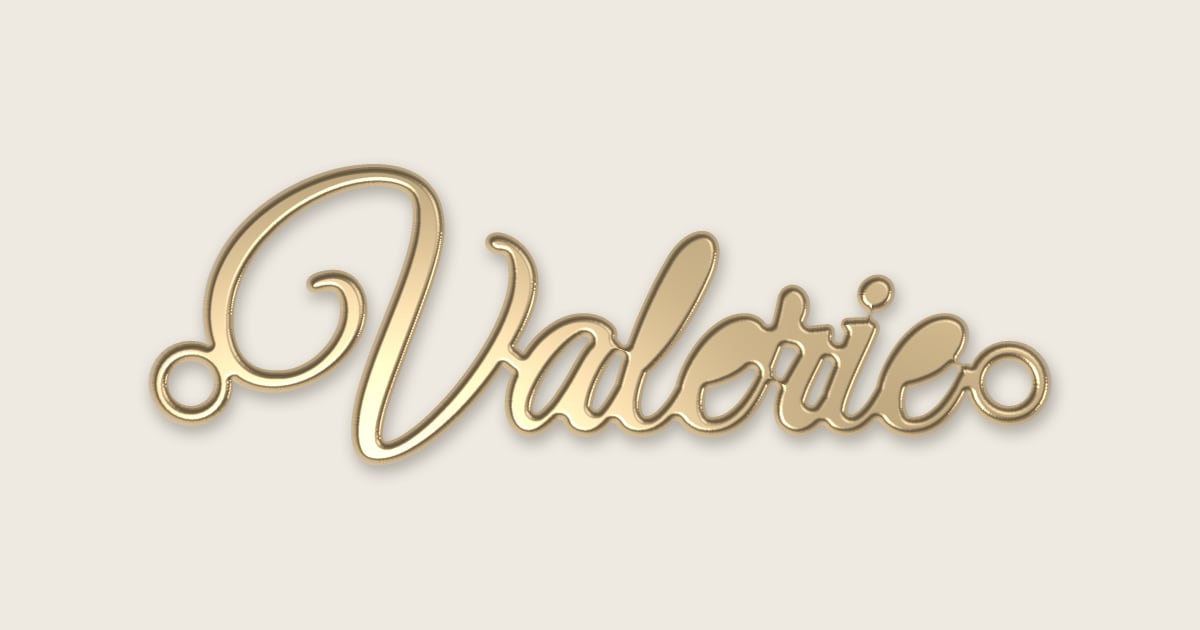 Valerie name necklace in 14k yellow gold, classic script lettering