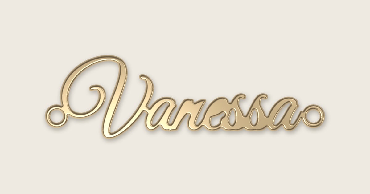 Vanessa name necklace in 14k yellow gold, classic script lettering