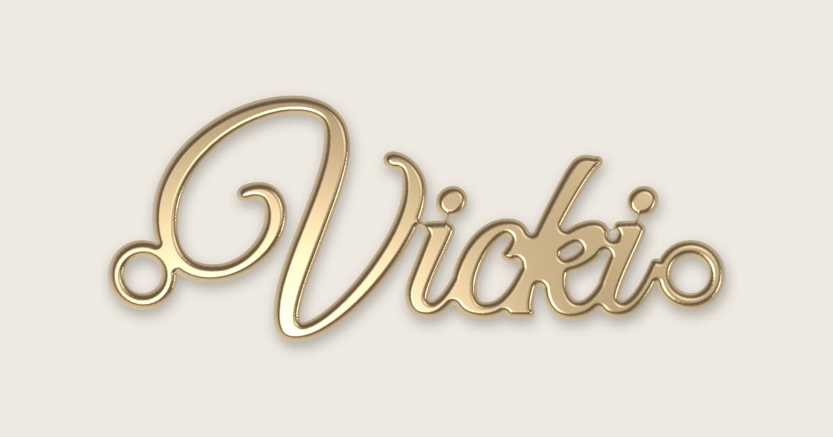 Vicki name necklace in 14k yellow gold, classic script lettering