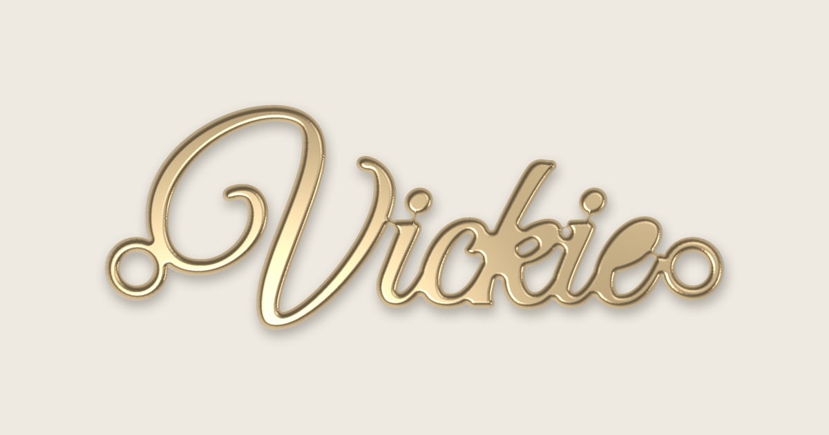 Vickie name necklace in 14k yellow gold, classic script lettering