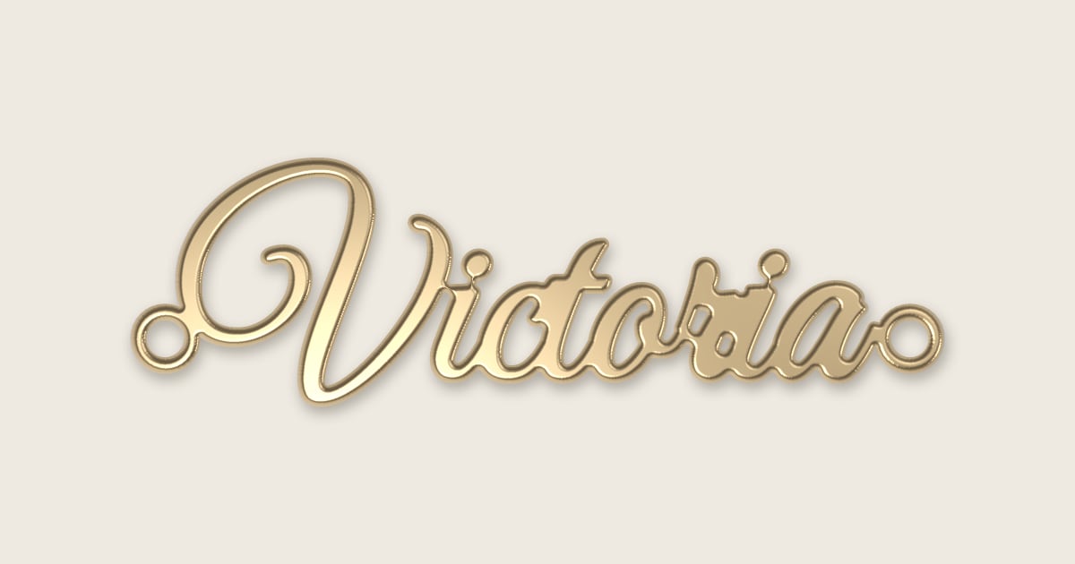 Victoria name necklace in 14k yellow gold, classic script lettering
