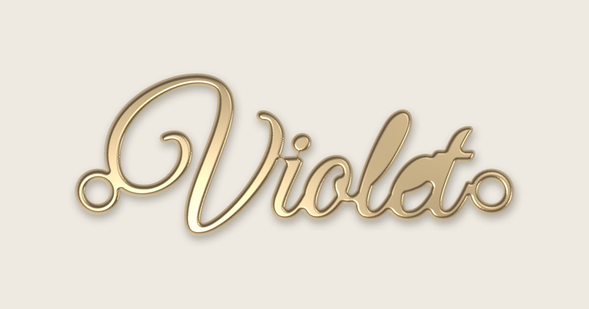 Violet name necklace in 14k yellow gold, classic script lettering