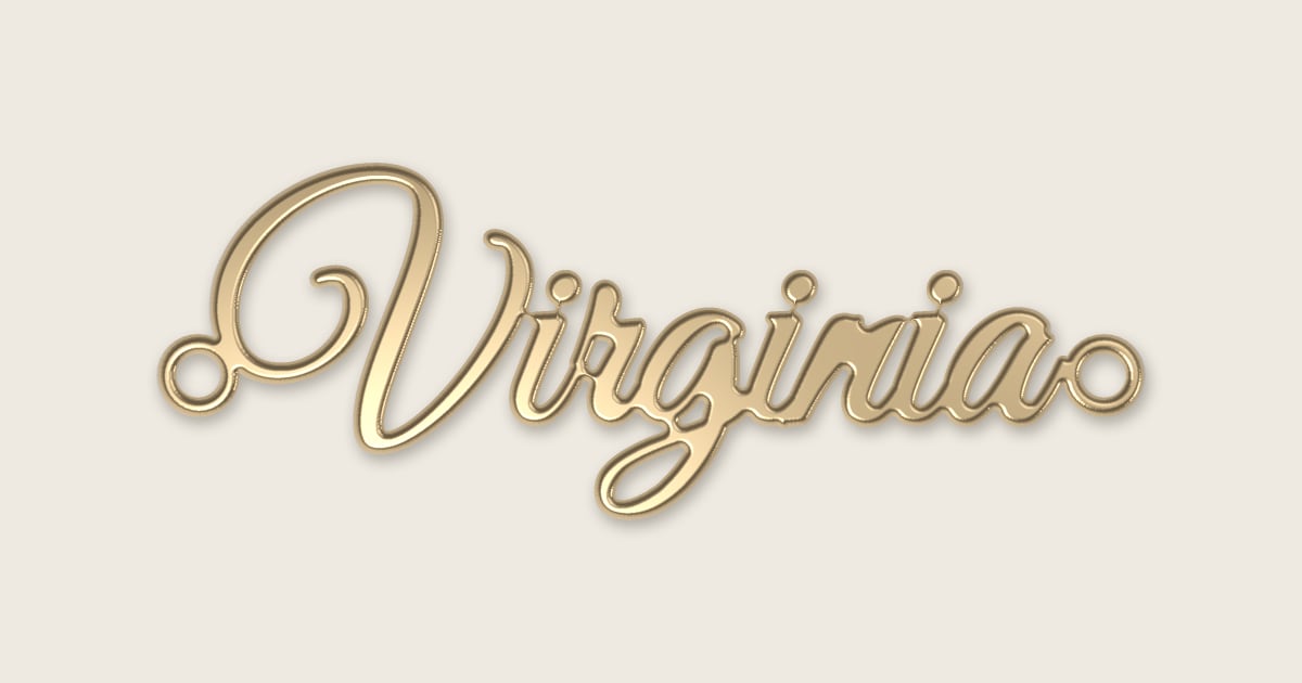 Virginia name necklace in 14k yellow gold, classic script lettering