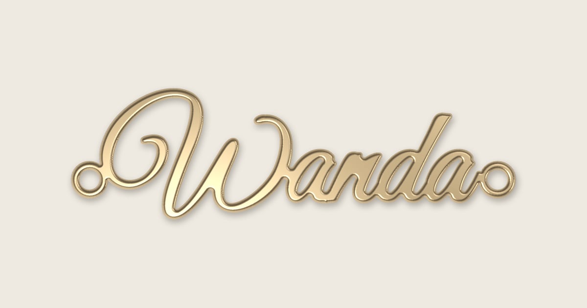 Wanda name necklace in 14k yellow gold, classic script lettering